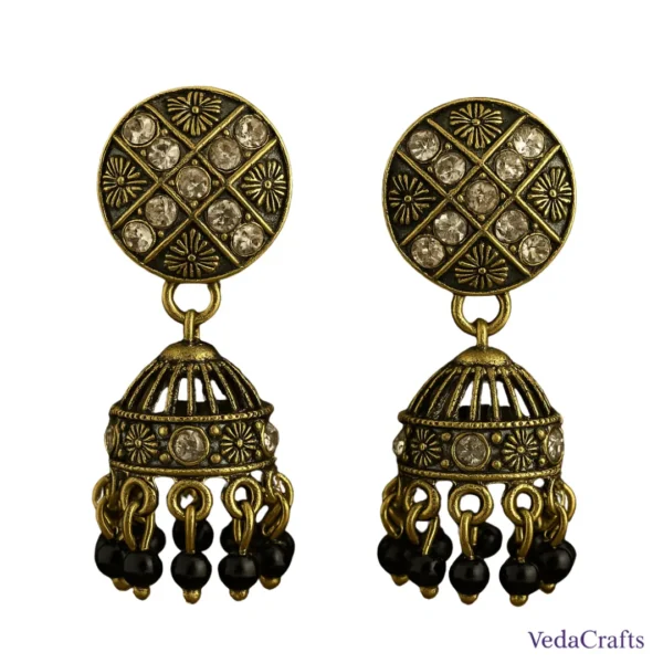 Golden Black Beaded Jhumka Earrings for Women _ Stylish Party Wear Ethnic Earrings for Saree, Western Dresses & Festive Look