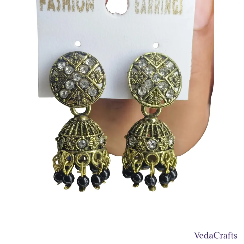 Golden Black Beaded Jhumka Earrings for Women _ Stylish Party Wear Ethnic Earrings for Saree, Western Dresses & Festive Look 2