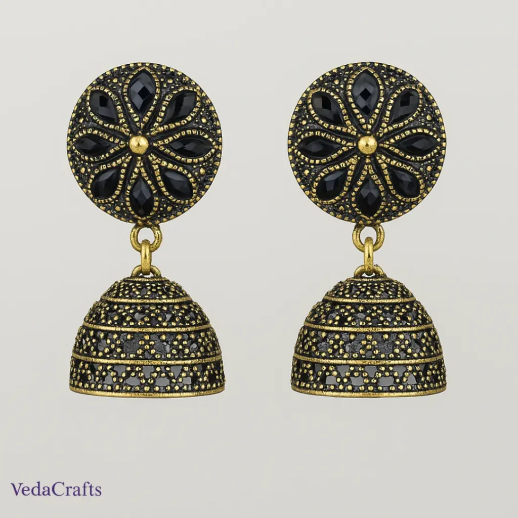 Golden Black Ethnic Jhumka Earrings for Women – Traditional Dull Gold Party Wear Earrings for Saree & Festive Occasions