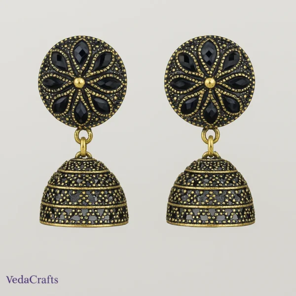 Golden Black Ethnic Jhumka Earrings for Women – Traditional Dull Gold Party Wear Earrings for Saree & Festive Occasions