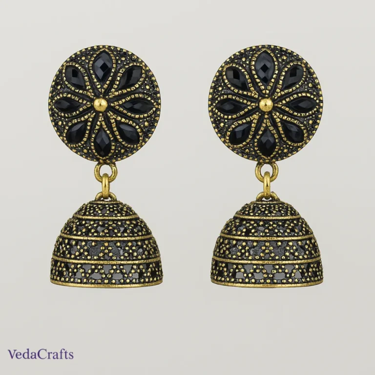 Golden Black Ethnic Jhumka Earrings for Women – Traditional Dull Gold Party Wear Earrings for Saree & Festive Occasions