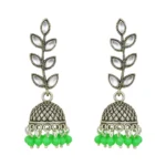 Oxidised Silver Jhumka Earrings with Green Beads