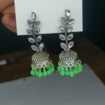 Oxidised Silver Jhumka Earrings with Green Beads