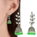 Oxidised Silver Jhumka Earrings with Green Beads 3