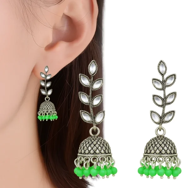 Oxidised Silver Jhumka Earrings with Green Beads 3