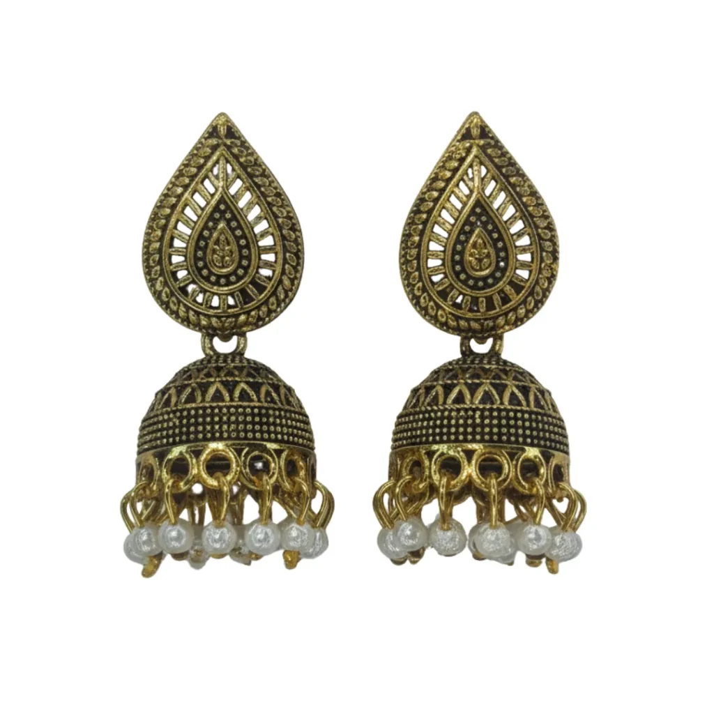 Antique Gold Plated Jhumka Earrings With Pearl Beads