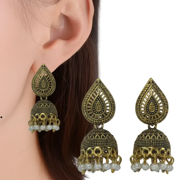 Antique Gold Plated Jhumka Earrings With Pearl Beads