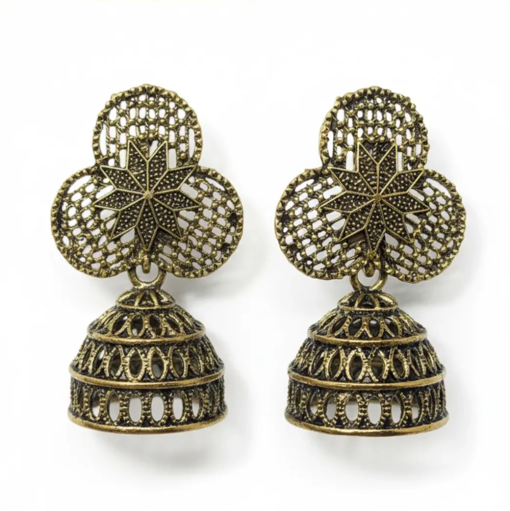 Antique Gold Plated Oxidized Jhumka Earrings with Floral (1