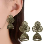 Antique Gold Plated Oxidized Jhumka Earrings with Floral Stud Design - Image 2