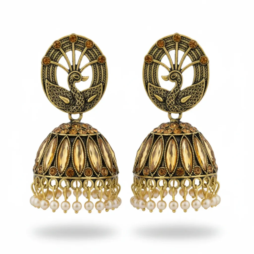 Antique Gold Plated Peacock Design Jhumka Earrings with Stone & Pear