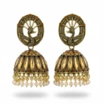 Antique Gold Plated Peacock Design Jhumka Earrings with Stone & Pear