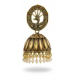 Antique Gold Plated Peacock Design Jhumka Earrings with Stone & Pear