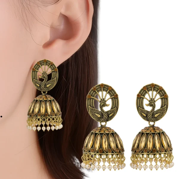 Antique Gold Plated Peacock Design Jhumka Earrings with Stone & Pear