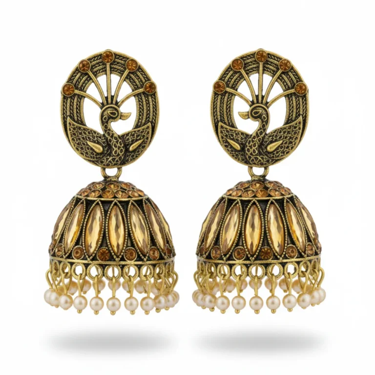 Antique Gold Plated Peacock Design Jhumka Earrings with Stone & Pear