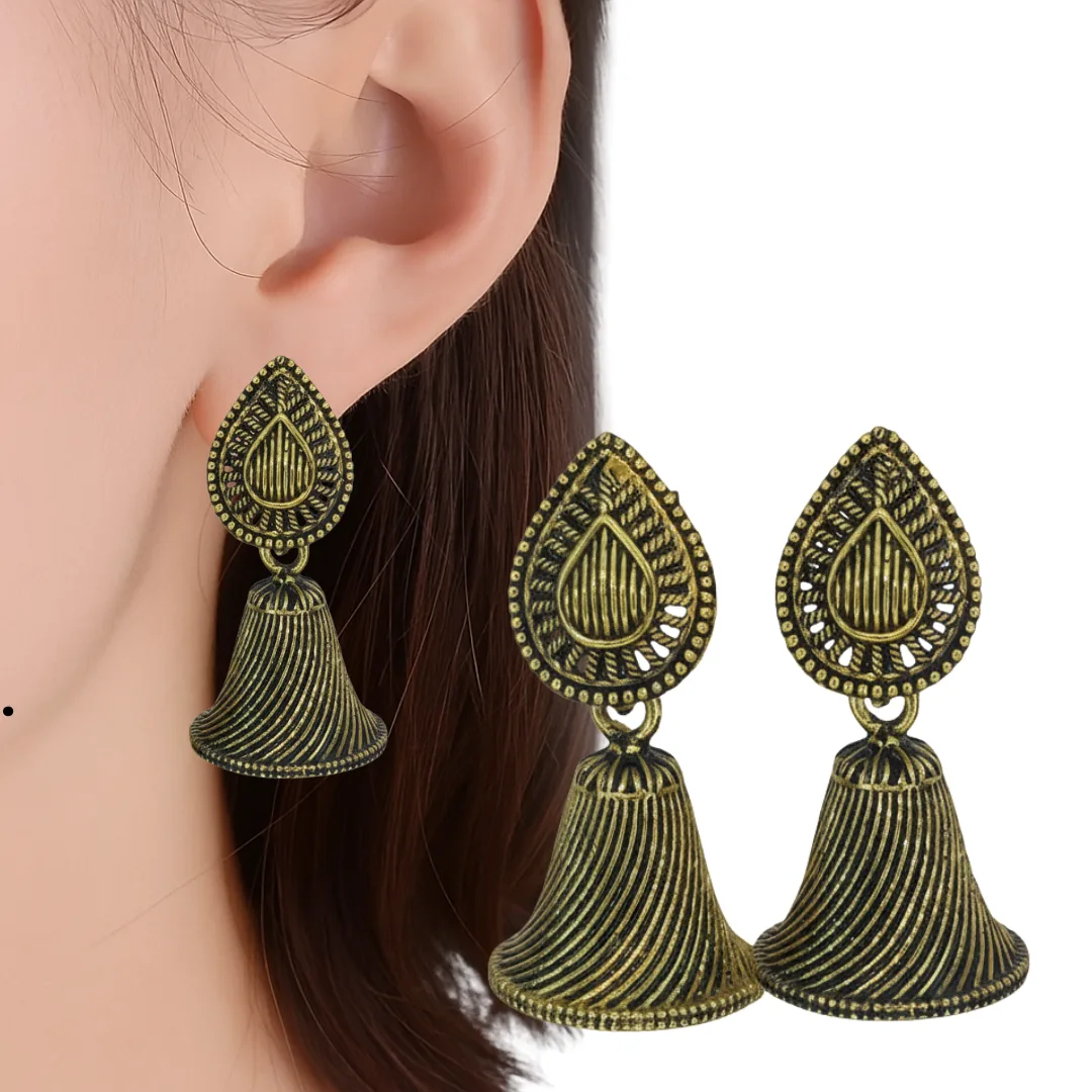 Antique Gold Plated Striped Dome Jhumka Earrings 4 Antique Gold Plated Striped Dome Jhumka Earrings