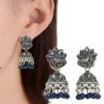 Premium Oxidised Peacock Design Jhumka Earrings With Blue Beads - Image 2