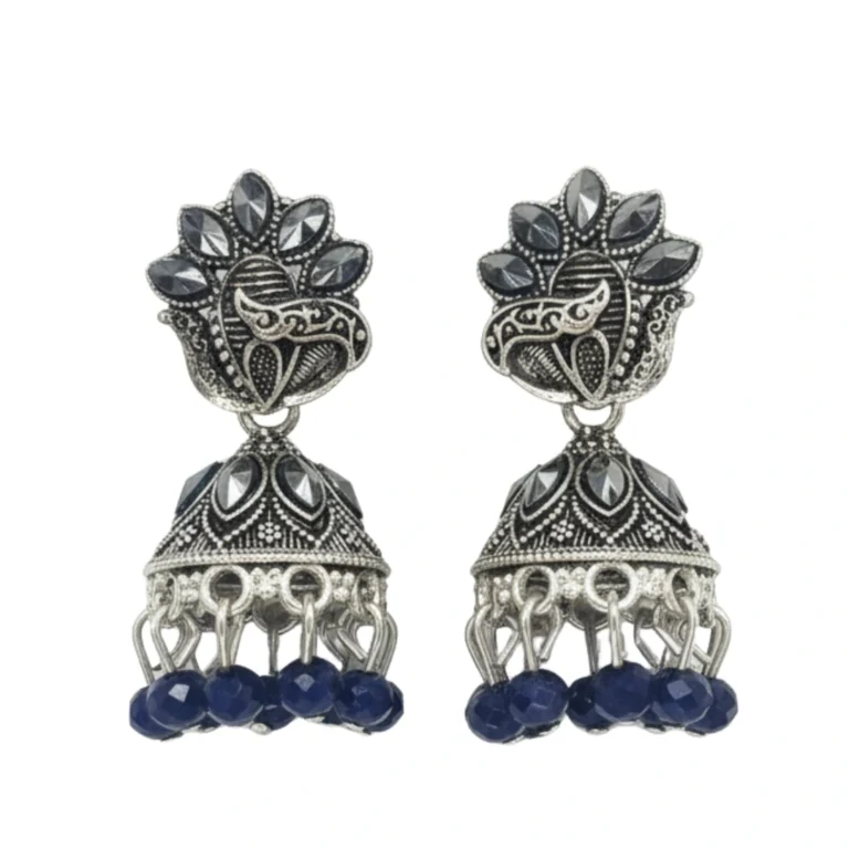 Premium Oxidised Peacock Design Jhumka Earrings With Blue Beads