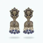 Oxidized Silver Plated Floral Design Jhumka Earrings with Black Stones and Blue Beads – Traditional Ethnic Jewellery