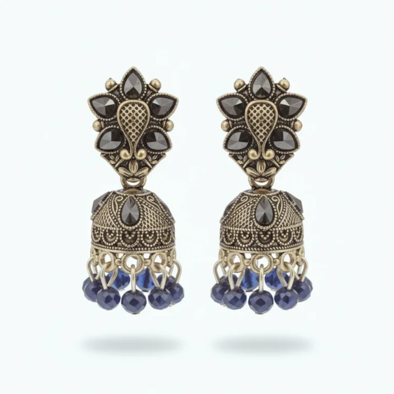 Oxidized Silver Plated Floral Design Jhumka Earrings with Black Stones and Blue Beads – Traditional Ethnic Jewellery