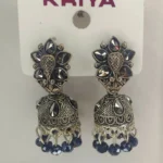 Oxidized Silver Plated Floral Design Jhumka Earrings with Black Stones and Blue Beads – Traditional Ethnic Jewellery