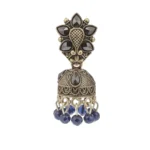 Oxidized Silver Plated Floral Design Jhumka Earrings with Black Stones and Blue Beads – Traditional Ethnic Jewellery
