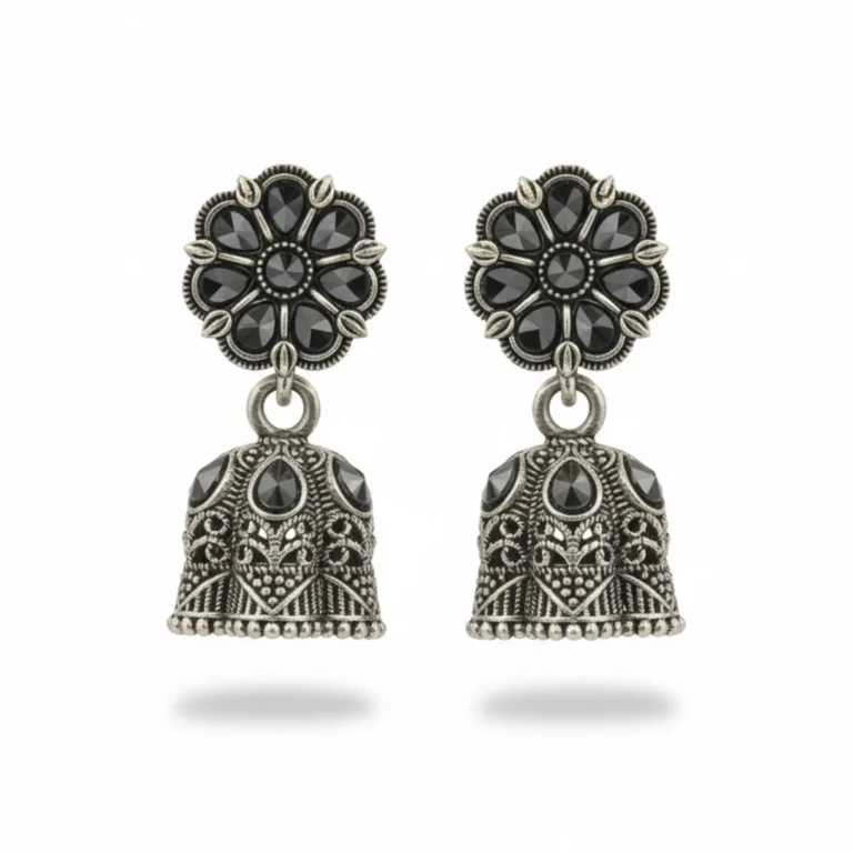 Buy Oxidized Silver Plated Floral Stud Jhumka Earrings Online
