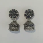 Oxidized Silver Plated Floral Stud Jhumka Earrings with Black Stone Work