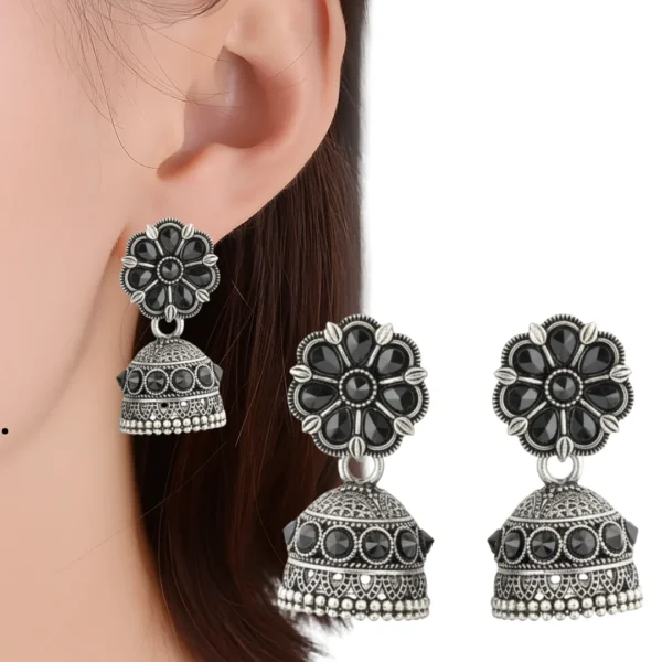 Oxidized Silver Plated Floral Stud Jhumka Earrings with Black Stone Work