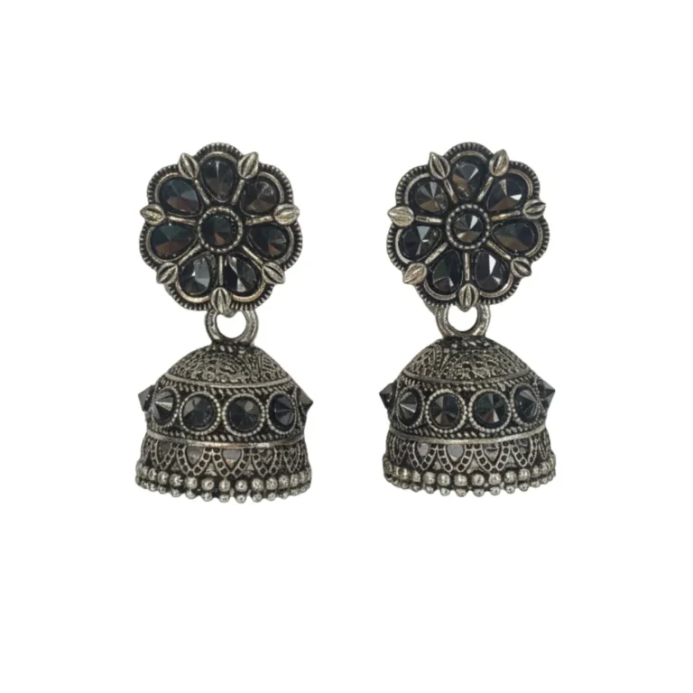 Oxidized Silver Plated Floral Stud Jhumka Earrings with Black Stone Work