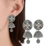 Oxidized Silver Plated Floral Stud Jhumka Earrings with Colorful Stone