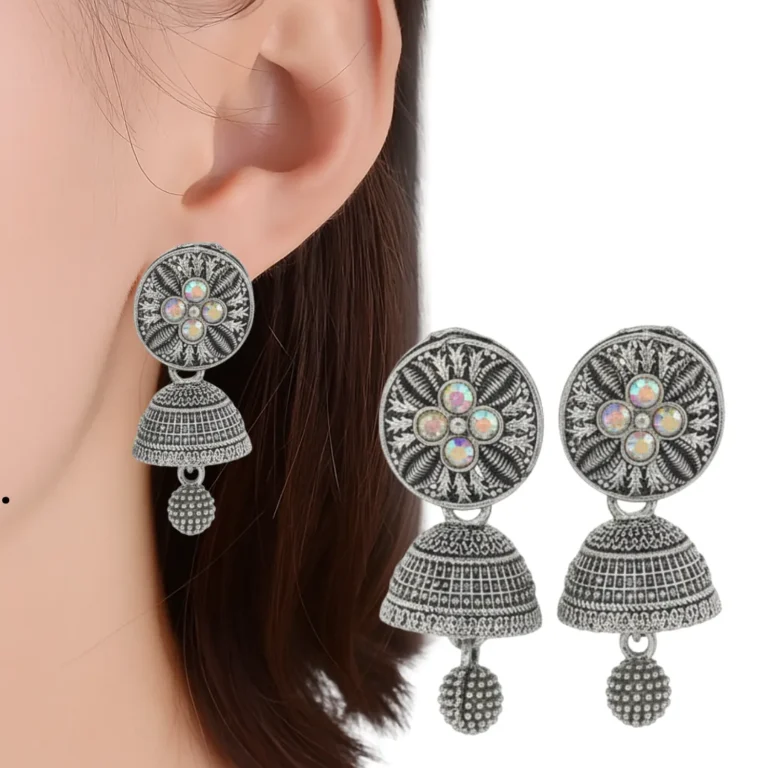 Oxidized Silver Plated Floral Stud Jhumka Earrings with Colorful Stone