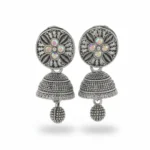Oxidized Silver Plated Floral Stud Jhumka Earrings with Colorful Stone