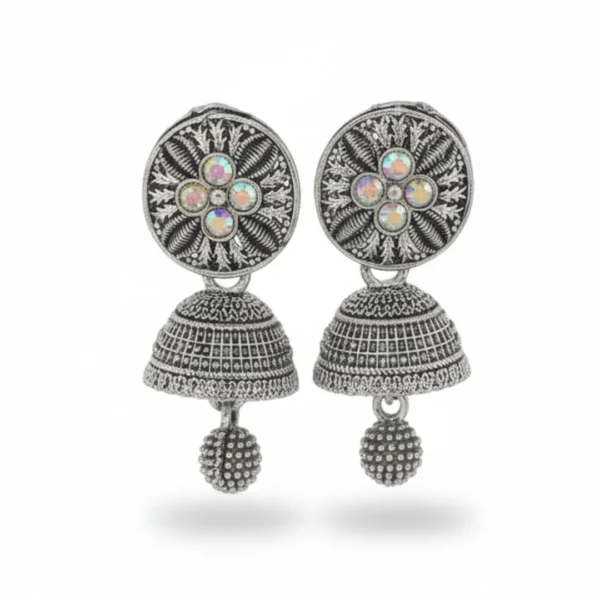 Oxidized Silver Plated Floral Stud Jhumka Earrings with Colorful Stone