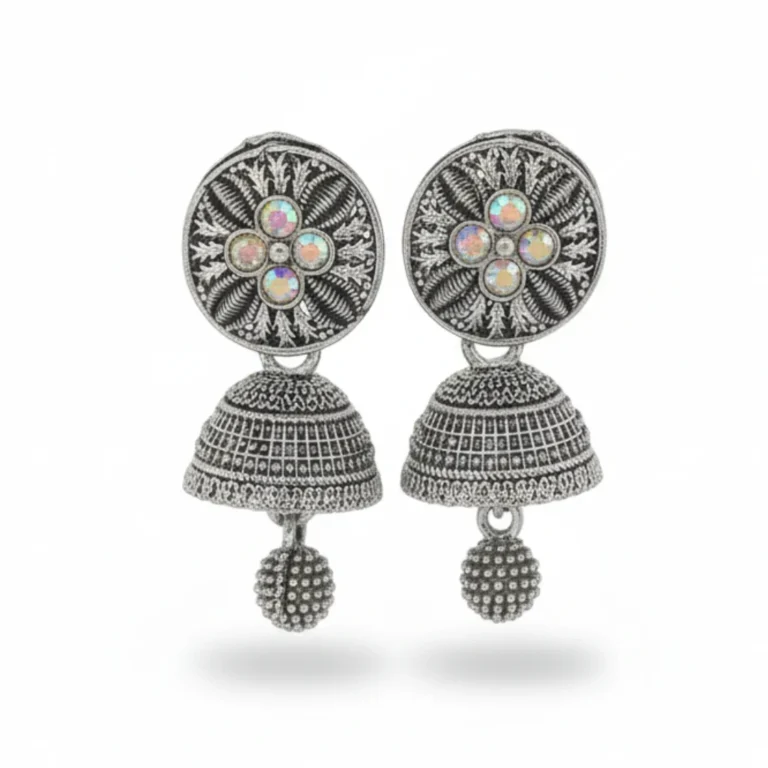 Oxidized Silver Plated Floral Stud Jhumka Earrings with Colorful Stone