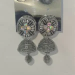 Oxidized Silver Plated Floral Stud Jhumka Earrings with Colorful Stone
