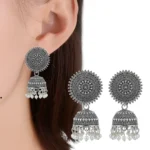 Oxidized Silver Plated Jhumka Earrings with Round Stud