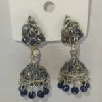 Oxidized Silver Plated Peacock Design Jhumka Earrings with Black Stones and Blue Beads