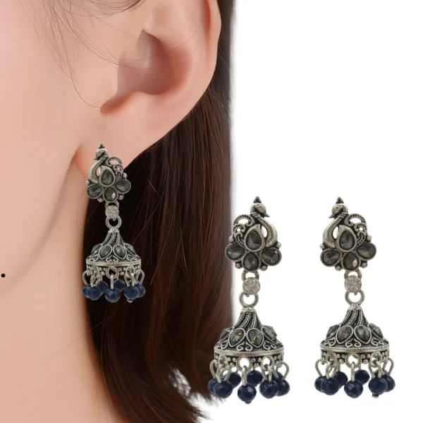 Oxidized Silver Plated Peacock Design Jhumka Earrings