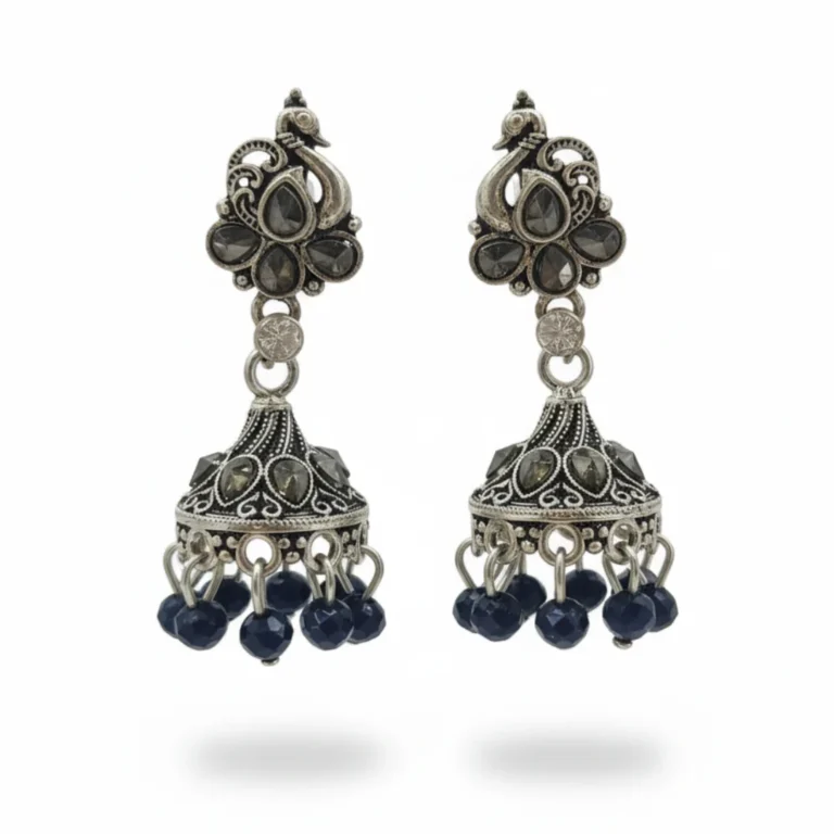 Oxidized Silver Plated Peacock Design Jhumka Earrings with Black Stones and Blue Beads